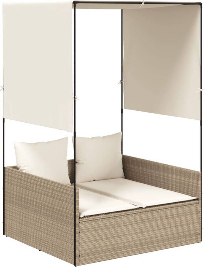 VidaXL Ligbed tweepersoons met dak en gordijn poly rattan beige