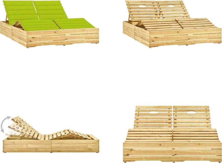 VidaXL Ligbed tweepersoons met heldergroene kussens geïmpregneerd hout Zonnestoel Zonnestoelen Zonnebed Zonnebedden
