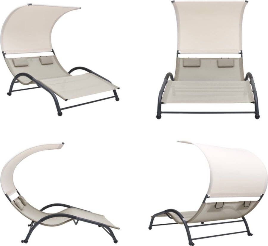 VidaXL Ligbed tweepersoons met luifel textileen crèmekleurig Zonnebed Zonnebedden Ligstoel Ligstoelen