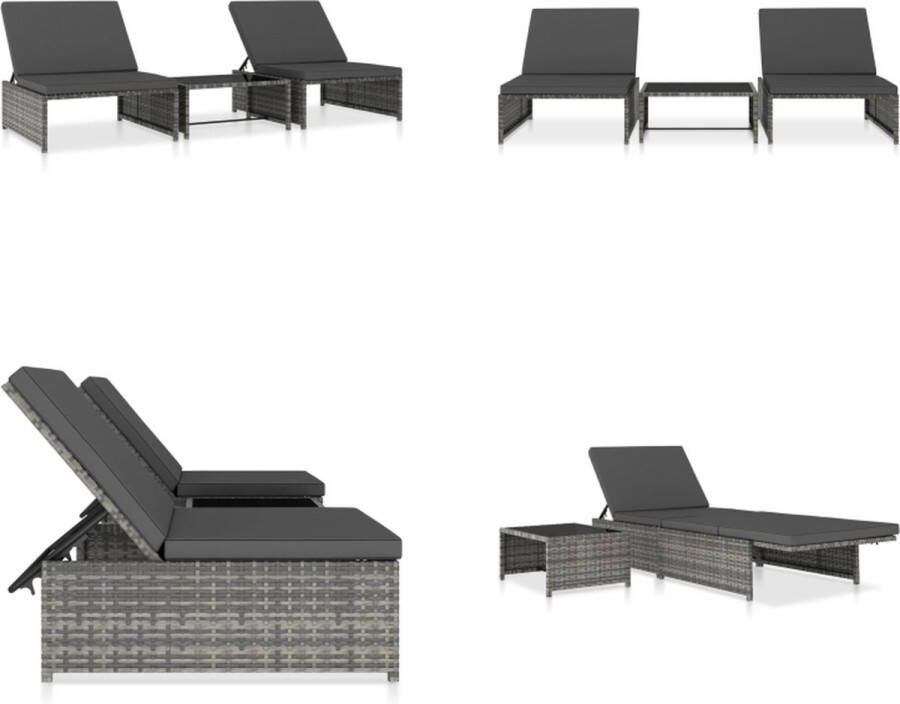 VidaXL Ligbedden 2 st met tafel poly rattan grijs Zonnebed Zonnebedden Loungebed Loungebedden