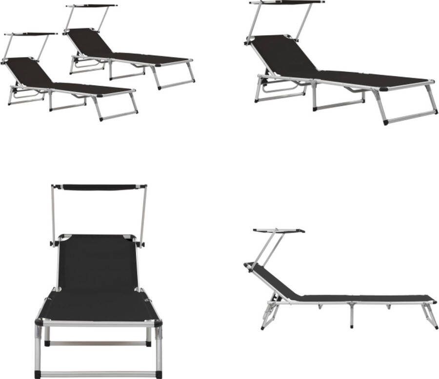 VidaXL Ligbedden inklapbaar met dak 2 st aluminium en textileen zwart Zonnebed Zonnebedden Ligstoel Ligstoelen