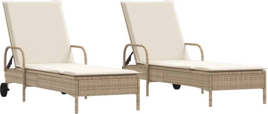 VidaXL Ligstoelen 2 st met kussens poly rattan beige