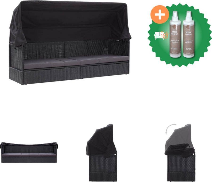 VidaXL Lounger Zwart PE rattan Ligbed 205 x 62 cm Incl luifel en kussens Ligbed Inclusief Onderhoudsset