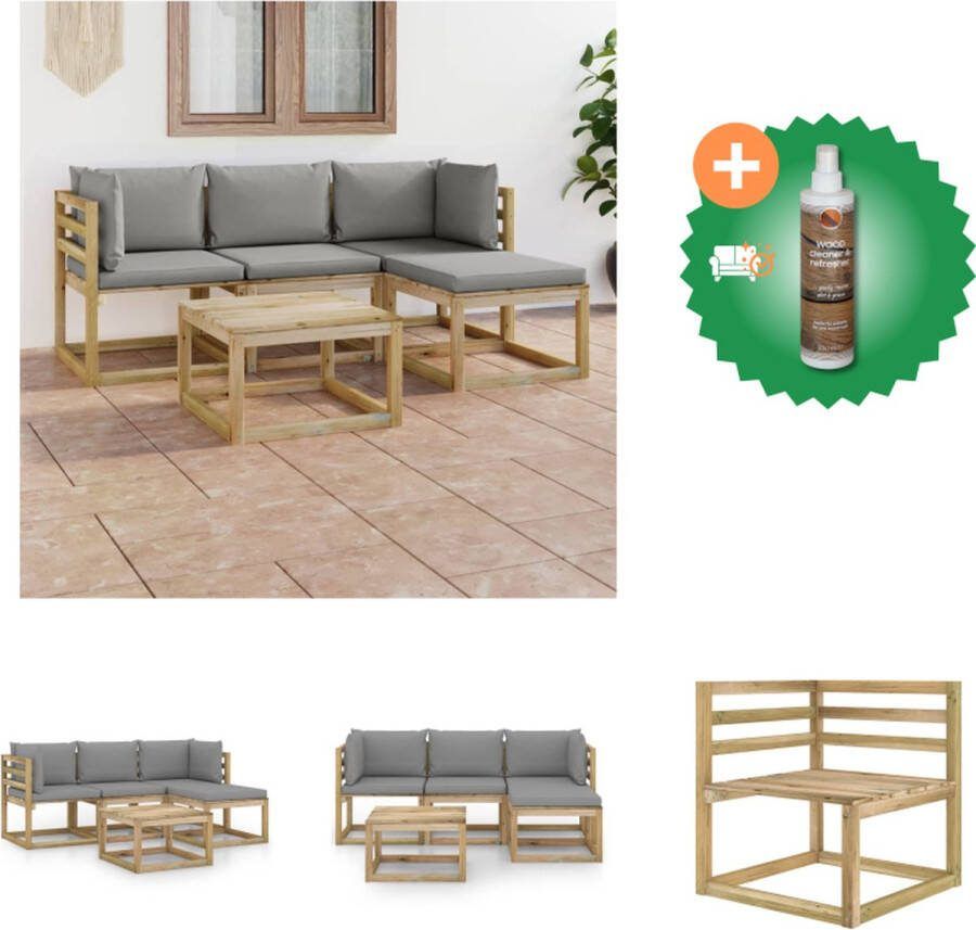 VidaXL Loungebanken Grenenhout Grijs 64x64x70 cm Inclusief kussens Tuinset Inclusief Houtreiniger en verfrisser