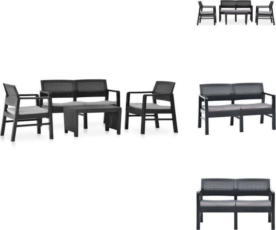 VidaXL Loungeset Afmetingen- Kleur- antraciet Materiaal- kunststof en stof Weerbestendig en gemakkelijk schoon te maken Levering bevat- 1 tafel 2 armstoelen 1 bank en 4 zitkussens Tuinset