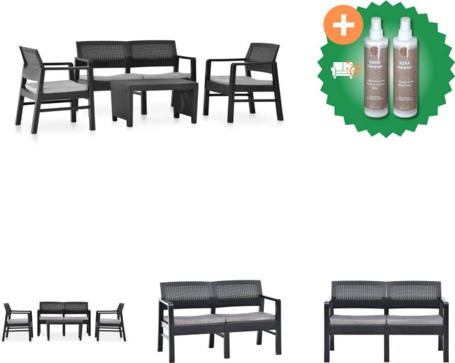 VidaXL Loungeset Afmetingen- Kleur- antraciet Materiaal- kunststof en stof Weerbestendig en gemakkelijk schoon te maken Levering bevat- 1 tafel 2 armstoelen 1 bank en 4 zitkussens Tuinset Inclusief Onderhoudsset