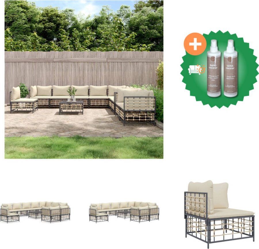 VidaXL 11 delige Loungeset met kussens poly rattan antracietkleurig Loungebank Inclusief Onderhoudsset