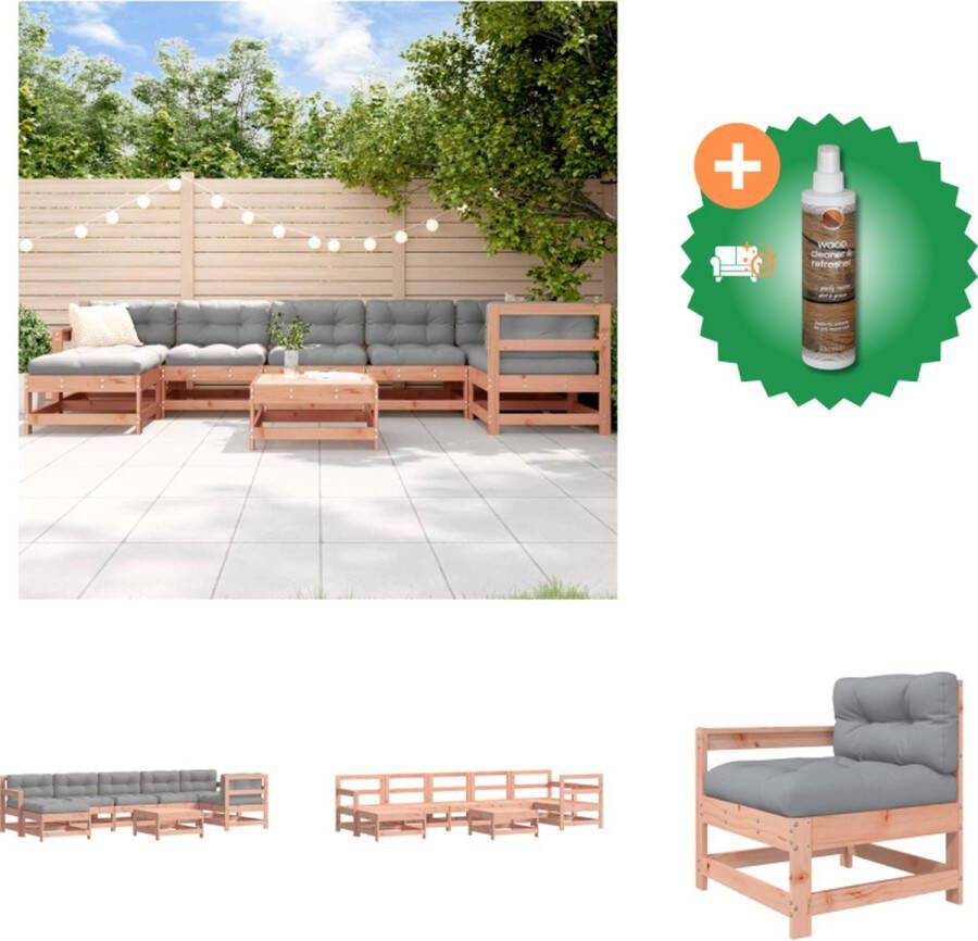 VidaXL Loungeset Douglas Hout 3x middenbank 3x tuinstoel 2x voetenbank salontafel Grijs kussen 110 kg draagvermogen Tuinset Inclusief Houtreiniger en verfrisser