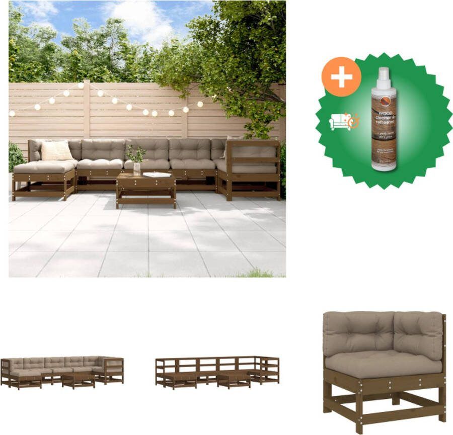 VidaXL Loungeset Grenenhout 3 x Middenbank 3 x Hoekbank 2 x Voetenbank Salontafel 62 x 62 x 70.5 cm Taupe Kussens Tuinset Inclusief Houtreiniger en verfrisser