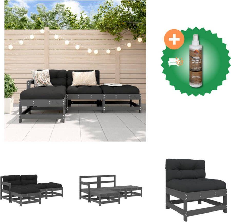 VidaXL Loungeset Grenenhout Grijs Modulair 110kg Draagvermogen 4 Zitkussens 2 Rugkussens Tuinset Inclusief Houtreiniger en verfrisser