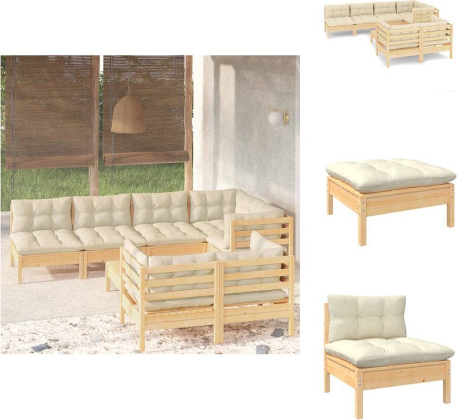 VidaXL Loungeset Grenenhout Hoekbank 63.5x63.5x62.5 cm Middenbank 63.5x63.5x62.5 cm Voetenbank Tafel 63.5x63.5x28.5 cm Crème kussens Montage vereist Tuinset