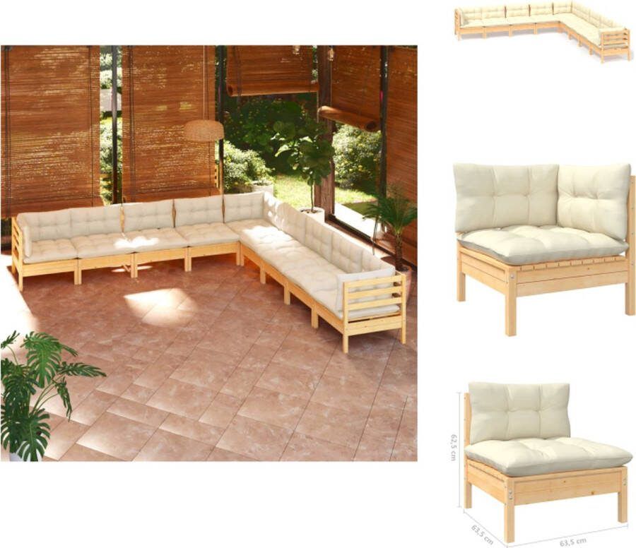 VidaXL Loungeset Grenenhout Hoekbank 63.5x63.5x62.5cm Middenbank 63.5x63.5x62.5cm Crème kussen Tuinset