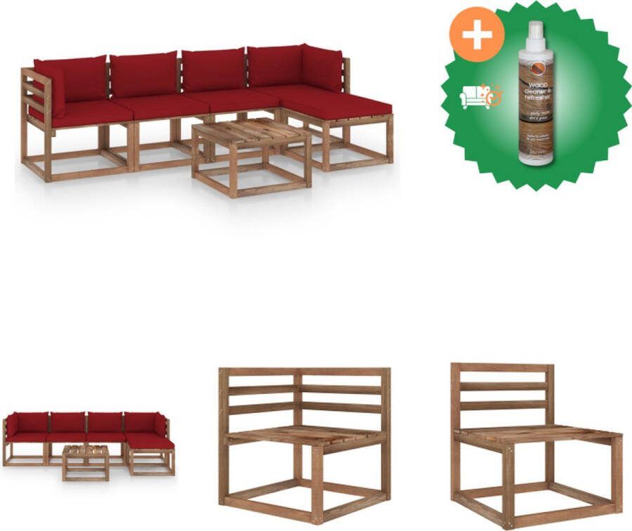 VidaXL Loungeset Grenenhout Hoekbank Middenbank Voetenbank Tafel Wijnrood 120g m² 64x64x70cm 60x60x36.5cm 60x60x6cm 60x38x13cm 55.5x38x13cm Tuinset Inclusief Houtreiniger en verfrisser
