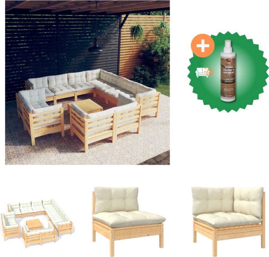 VidaXL Loungeset Grenenhout Hoekbank Middenbank Voetenbank Tafel Afmetingen 63.5x63.5x62.5cm Kleur Crème Incl 12 zitkussens 18 rugkussens Tuinset Inclusief Houtreiniger en verfrisser