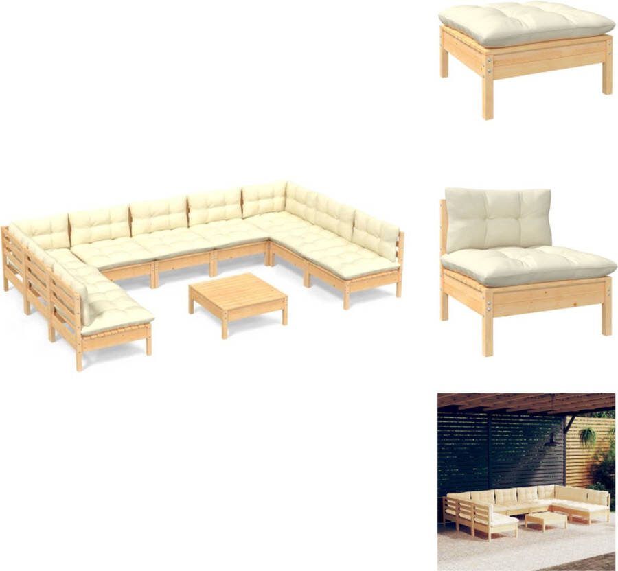 VidaXL loungeset Grenenhout Hoekbank Middenbank Voetenbank Tafel Crème kussen 63.5x63.5x62.5cm Montage vereist Tuinset