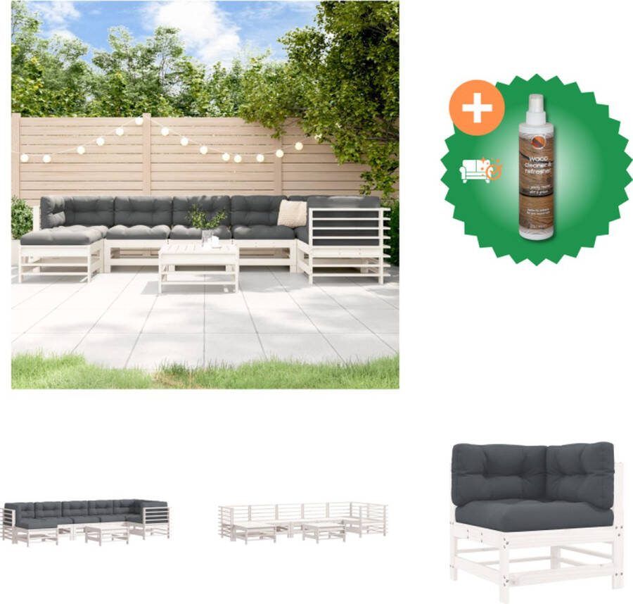 VidaXL Loungeset Grenenhout Middenbank (57.5x63.5x60 cm) Hoekbank (63.5x63.5x60 cm) Voetenbank Salontafel (57.5x57.5x30 cm) Antraciet Kussens 8 zitkussens 9 rugkussens Tuinset Inclusief Houtreiniger en verfrisser