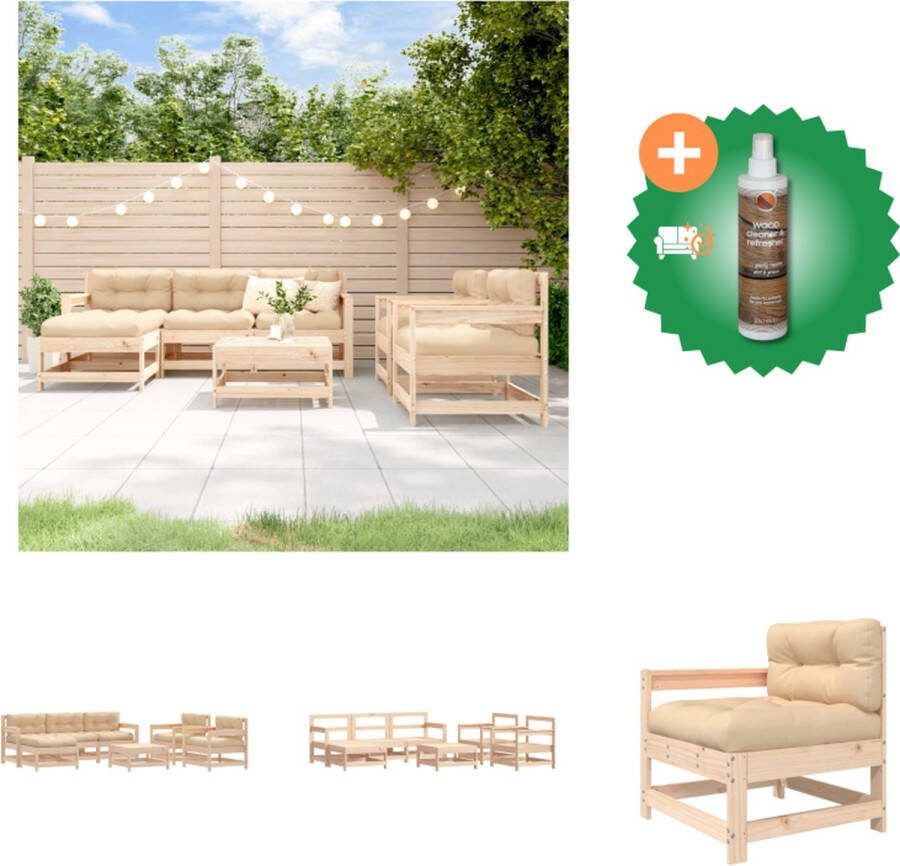 VidaXL Loungeset Grenenhout middenbank 62x62x70.5cm tuinstoel 66x62x70.5cm 70x62x70.5cm voetenbank salontafel 62x62x32cm beige kussen Tuinset Inclusief Houtreiniger en verfrisser