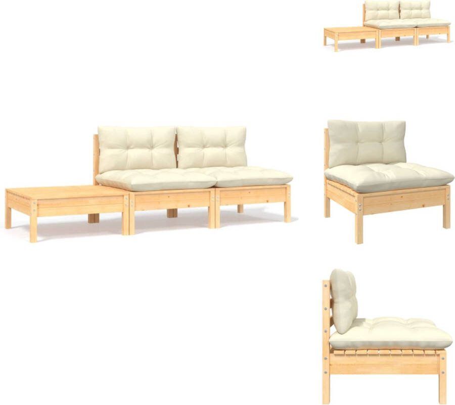VidaXL Loungeset Grenenhout Middenbank 63.5x63.5x62.5cm Voetenbank Tafel 63.5x63.5x28.5cm Crème kussen Tuinbank