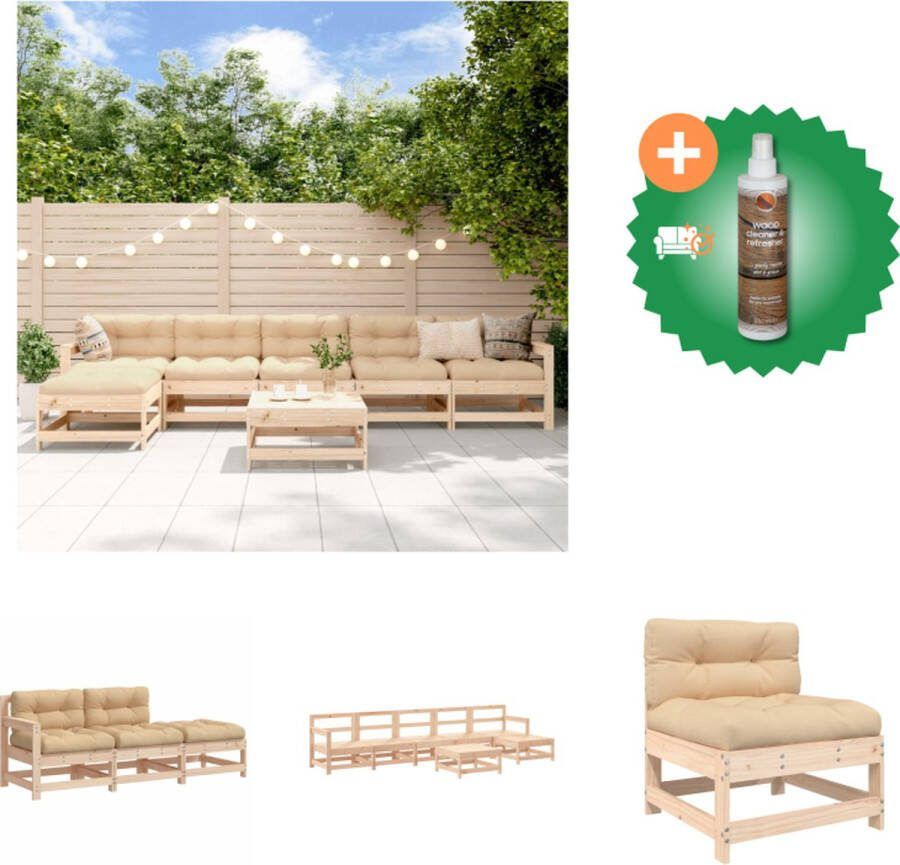 VidaXL Loungeset Grenenhout Modulair Beige kussens 7 zitkussens 5 rugkussens Tuinset Inclusief Houtreiniger en verfrisser