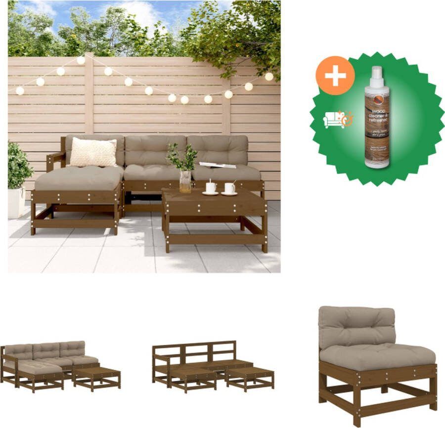 VidaXL Loungeset Grenenhout Modulair Honingbruin 2x middenbank 1x tuinstoel 2x voetenbank salontafel 5x zitkussen 3x rugkussen Tuinset Inclusief Houtreiniger en verfrisser
