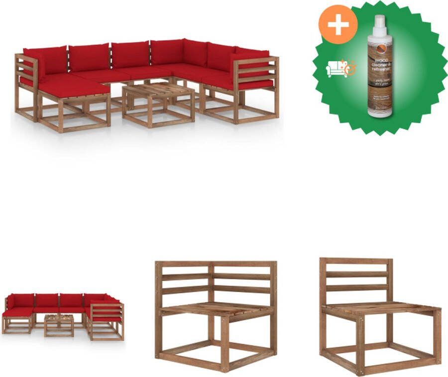 VidaXL Loungeset Grenenhout Rood kussen Tafel voetenbank middenbank hoekbank inclusief kussens Tuinset Inclusief Houtreiniger en verfrisser