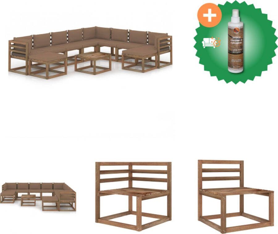 VidaXL Loungeset Grenenhout Taupe 10 zitkussens 8 rugkussens 3 zijkussens Tuinset Inclusief Houtreiniger en verfrisser