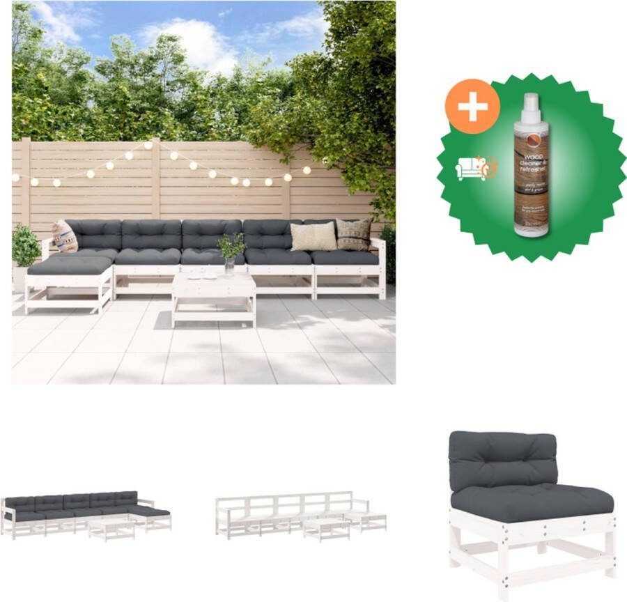 VidaXL Loungeset Grenenhout Wit 3x middenbank 2x tuinstoel 2x voetenbank salontafel Tuinset Inclusief Houtreiniger en verfrisser