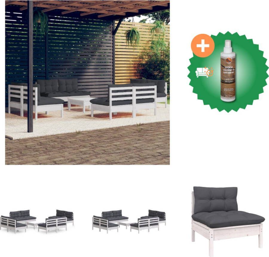 VidaXL Loungeset Grenenhout Wit Antraciet Modulair 63.5x63.5x62.5 cm 8x Middenbank 1x Voetenbank Tafel 9x Zitkussen 8x Rugkussen Tuinset Inclusief Houtreiniger en verfrisser