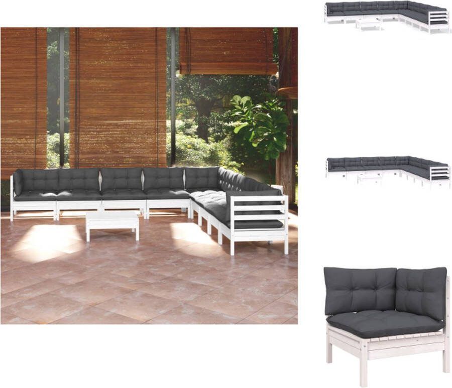 VidaXL Loungeset Grenenhout Wit Hoekbank Middenbank Voetenbank Tafel 63.5x63.5x62.5 cm Inclusief 10 Zitkussens 12 Rugkussens Tuinset