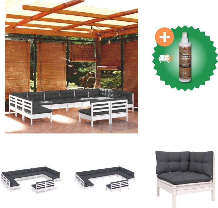 VidaXL Loungeset Grenenhouten hoekbank en middenbank Wit 63.5x63.5x62.5 cm Inclusief 10 zitkussens en 14 rugkussens Tuinset Inclusief Houtreiniger en verfrisser