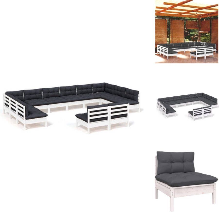 VidaXL Loungeset Grenenhouten hoekbank en middenbank Wit 63.5x63.5x62.5 cm Inclusief 10 zitkussens en 14 rugkussens Tuinset