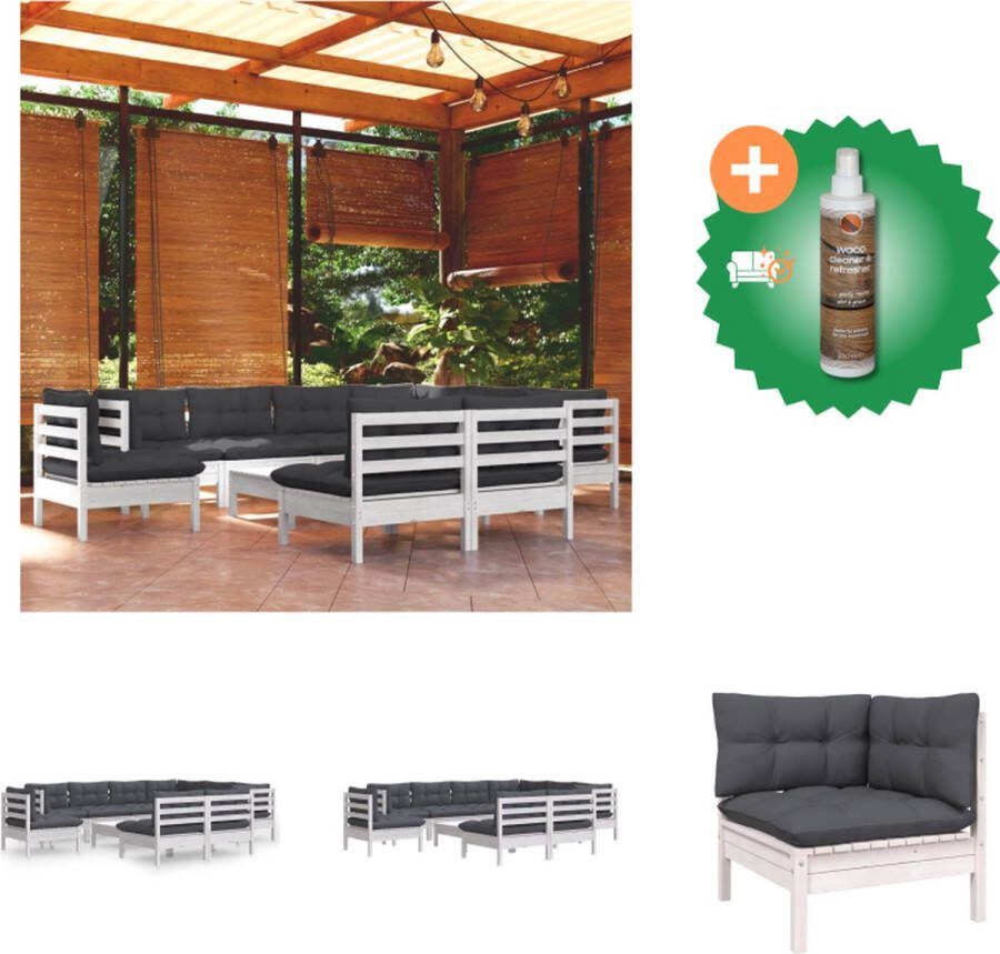 VidaXL Loungeset Grenenhout Wit Hoekbank Middenbank Voetenbank Tafel 63.5x63.5x62.5 cm Inclusief 10 Zitkussens 12 Rugkussens Tuinset Inclusief Houtreiniger en verfrisser