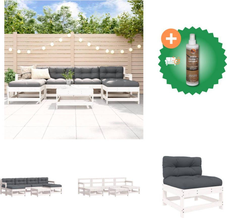 VidaXL Loungeset Grenenhout 2x middenbank 2x tuinstoel 3x voetensteun salontafel Antraciet kussens Wit 110 kg draagvermogen Tuinset Inclusief Houtreiniger en verfrisser