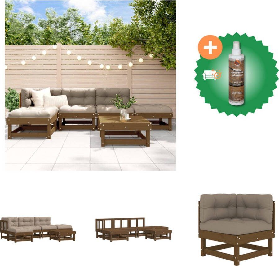 VidaXL Loungeset Massief Grenenhout 2x middenbank 1x hoekbank 3x voetensteun salontafel 110 kg draagvermogen Kleur- honingbruin Tuinset Inclusief Houtreiniger en verfrisser