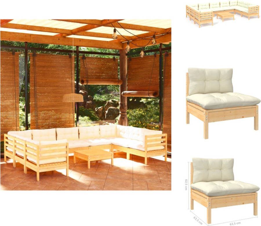 VidaXL Loungeset Massief Grenenhout Hoek Middenbank 63.5x63.5x62.5cm Voetenbank Tafel 63.5x63.5x28.5cm Crème Kussen Montage vereist Tuinset