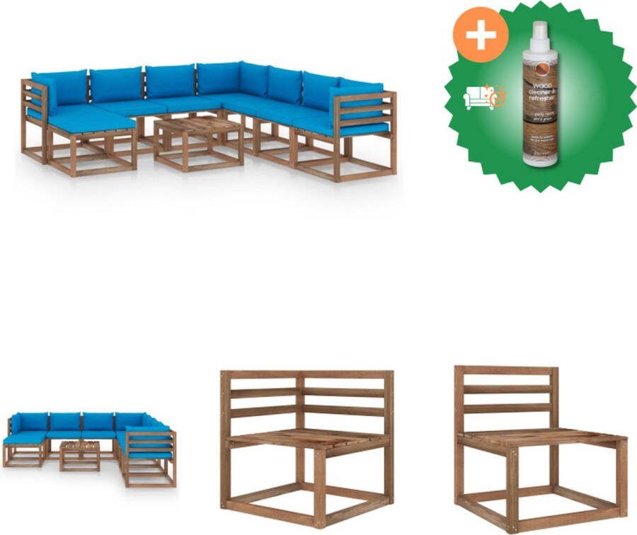VidaXL Loungeset Massief grenenhout Lichtblauwe kussens Tafel voetenbank middenbank hoekbank incl kussens Montage vereist Tuinset Inclusief Houtreiniger en verfrisser