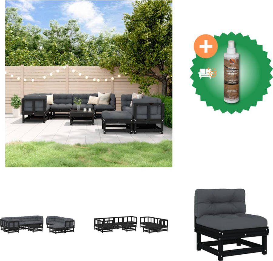 VidaXL Loungeset Massief grenenhout Zwart Modulair design Comfortabele kussens 3x middenbank 5x hoekbank 2x voetenbank salontafel Tuinset Inclusief Houtreiniger en verfrisser