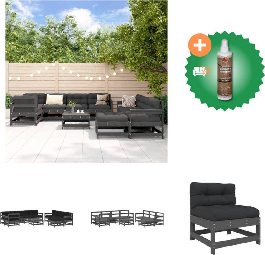 VidaXL Loungeset Grenenhout 3x middenbank 5x tuinstoel 2x voetenbank salontafel 10x zitkussen 8x rugkussen Tuinset Inclusief Houtreiniger en verfrisser