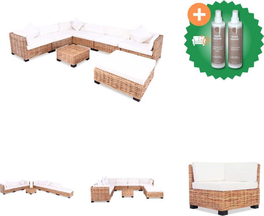 VidaXL Rattan Loungebank Set 3 hoekbanksegmenten 3 middenbanksegmenten 1 hocker 1 salontafel bruin rattan crème kussen 67x67x58 cm Tuinset Inclusief Onderhoudsset