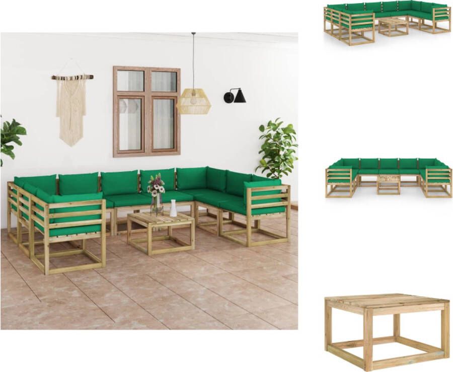 VidaXL Loungeset Pallet 4 hoekbanken 5 middenbanken 1 tafel 64x64x70 cm Groen kussen Grenenhout Tuinset