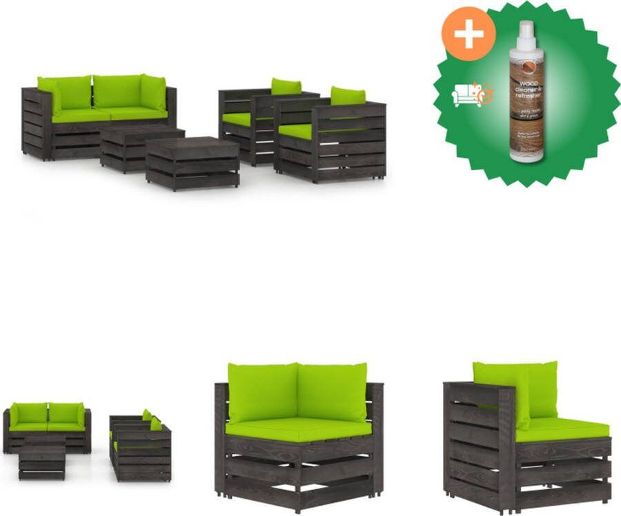 VidaXL Loungeset Pallet Grenenhout Helder Groene Kussens Hoekbank- 69x70x66cm Tafel Voetenbank- 60x62x37cm Eenzitsbank- 77x70x66cm Montage vereist Tuinset Inclusief Houtreiniger en verfrisser