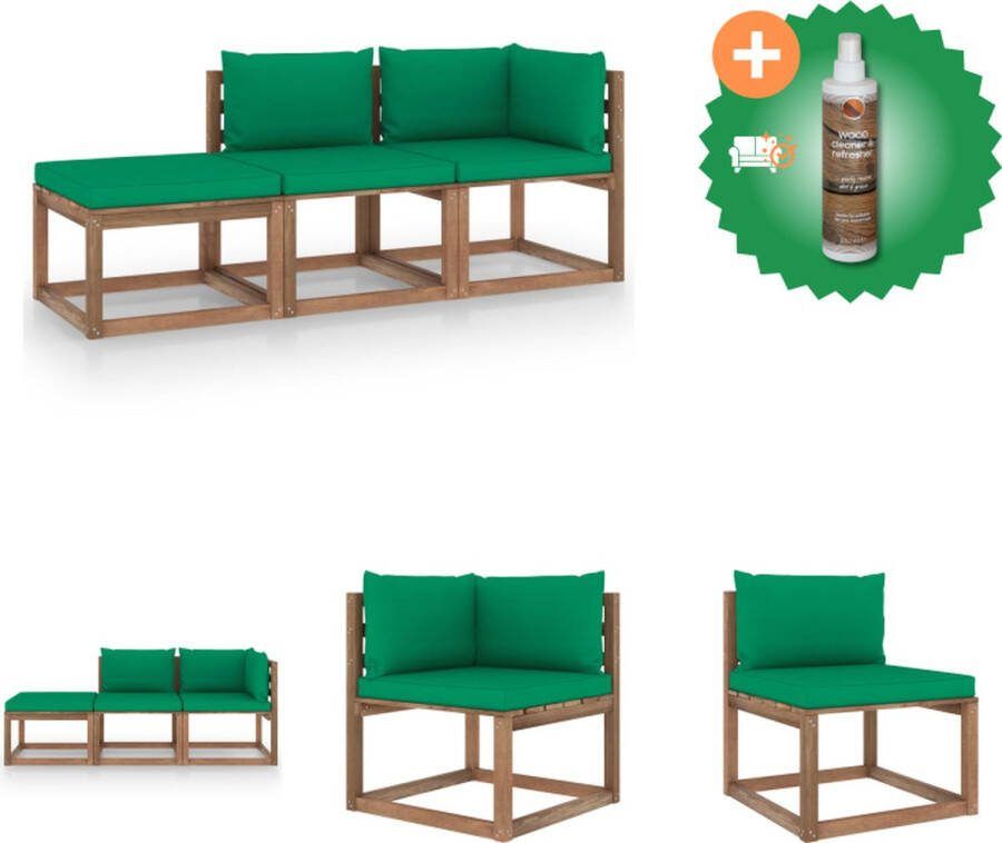 VidaXL Loungeset Pallet Grenenhout Hoekbank 64x64x70 cm Middenbank 60x64x70 cm Voetenbank 60x60x36.5 cm Groen kussen Tuinset Inclusief Houtreiniger en verfrisser
