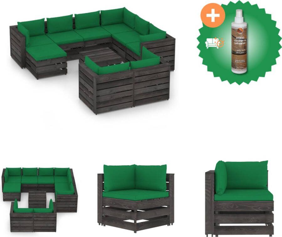 VidaXL Loungeset Pallet Hoekbank 69x70x66cm Middenbank 60x70x66cm Tafel Voetenbank 60x62x37cm Groen Kussen Grenenhout Polyester stof Tuinset Inclusief Houtreiniger en verfrisser