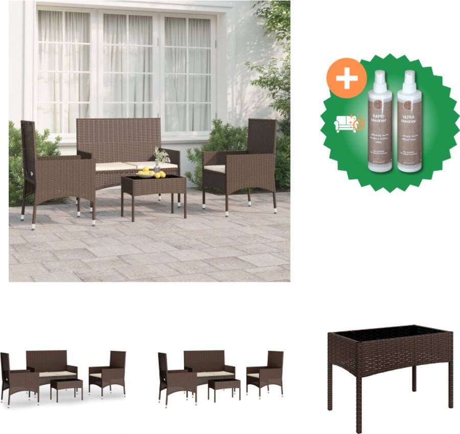 VidaXL Loungeset PE-rattan bruin tafel- 50x30x35cm stoel- 45x51x85cm 2-zitsbank- 90x51x85cm kussen- crèmewit set van 2 stoelen 1 tweezitsbank 1 tafel 4 zitkussens Tuinset Inclusief Onderhoudsset