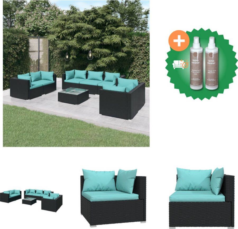 VidaXL Loungeset PE-rattan Zwart Hoekbank Middenbank Salontafel Waterblauwe kussens Modulair Tuinset Inclusief Onderhoudsset