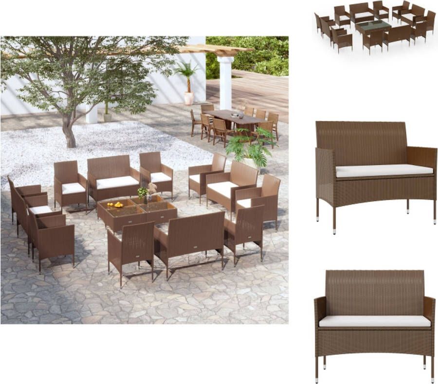 VidaXL Loungeset Poly Rattan 2-zitsbanken armstoelen tafel en kussens Bruin en crèmewit Montage vereist Tuinset