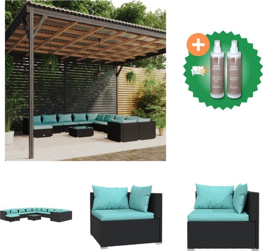 VidaXL Loungeset Poly Rattan Zwarte Modulair Design PE-rattan Stalen Frame Waterblauwe Kussens 11 zitkussens 14 rugkussens 150cm Tuinset Inclusief Onderhoudsset