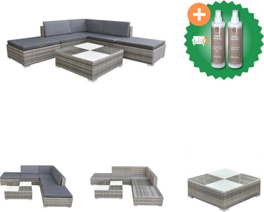 VidaXL Loungeset Rattan Grijs 6 cm Kussens Hoekbank Middenbank Hockers Salontafel 150x150x52.5 cm Tuinset Inclusief Onderhoudsset