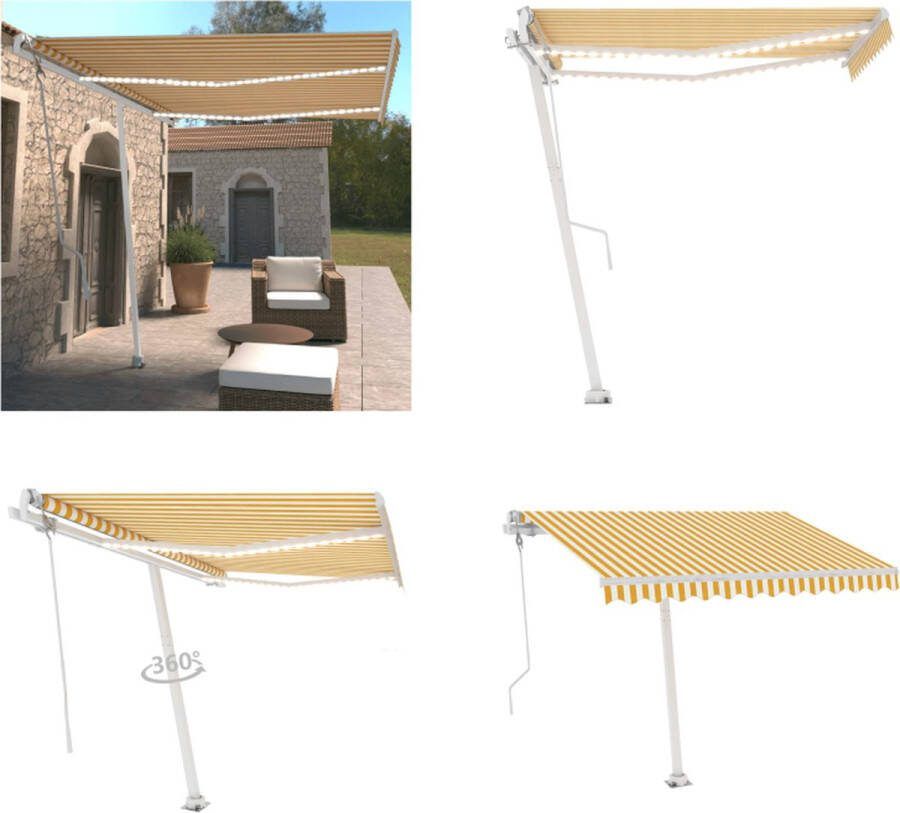 VidaXL Luifel automatisch met LED en windsensor 350x250 cm geel en wit Uitschuifbare Luifel Uitschuifbare Luifels Uittrekbare Luifel Uittrekbare Luifels