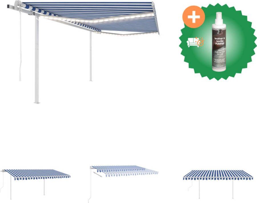 VidaXL Luifel automatisch met LED en windsensor 4 5x3 5 m blauw en wit Vensterzonwering Inclusief Reiniger